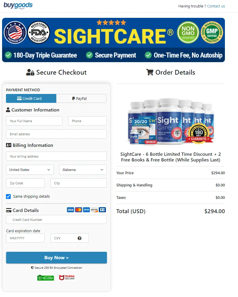 Sightcare order page